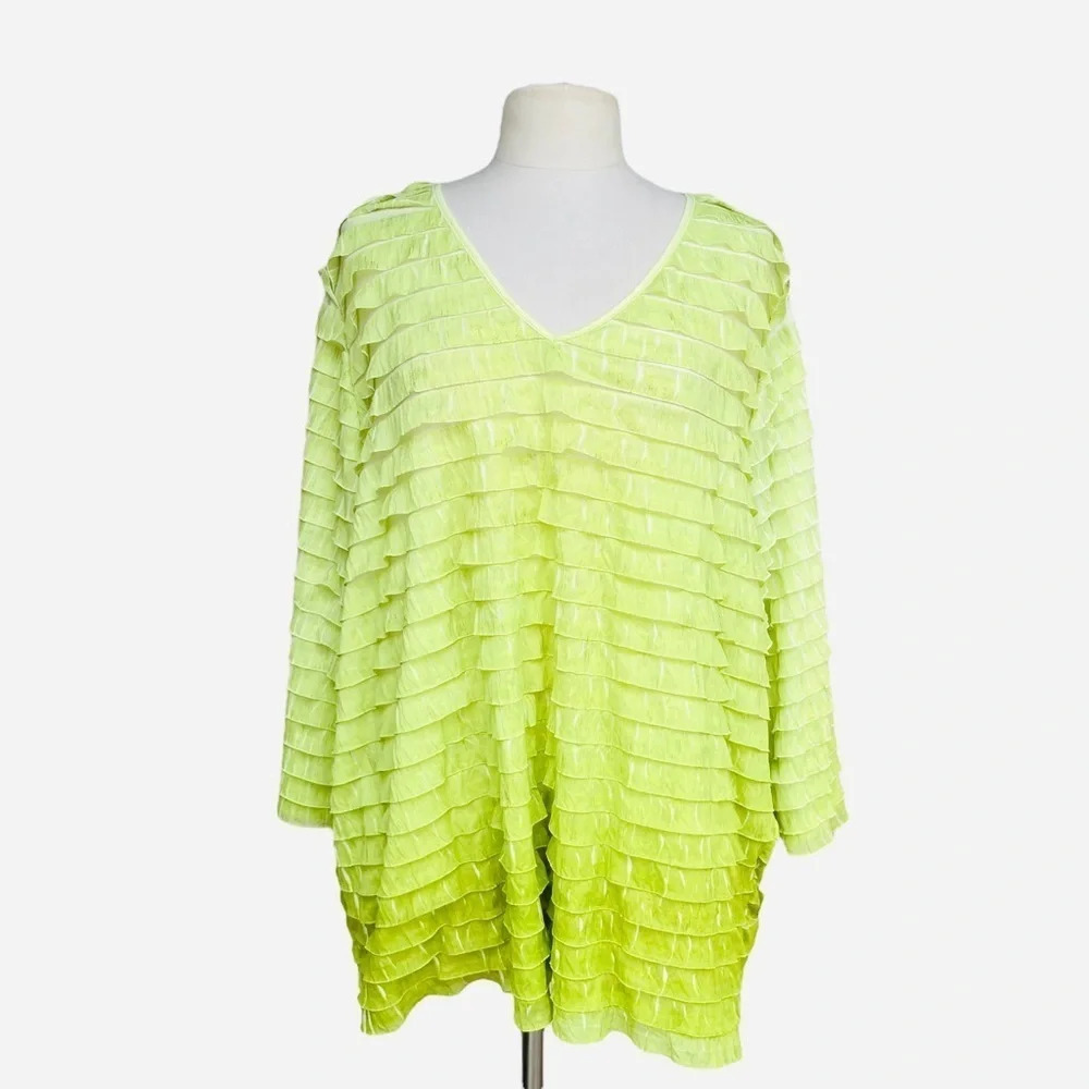 MAGGIE BARNES Women’s Plus 3X Lime Gold Metallic V-neck Long Sleeve Tunic Blouse